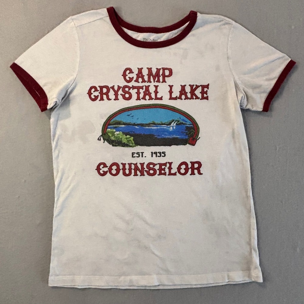 Friday the 13th Camp Crystal Lake Counselor Ringer Tee Cream Burgundy Medium